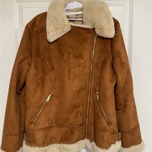 Hollister Brown Faux Shearling Jacket with Cream Trim